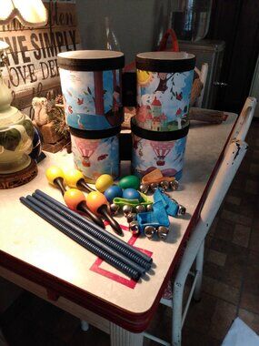 2 sets  Zumbini Percussion Bongo Tom Tom Drums Bells Sticks Eggs Maracas